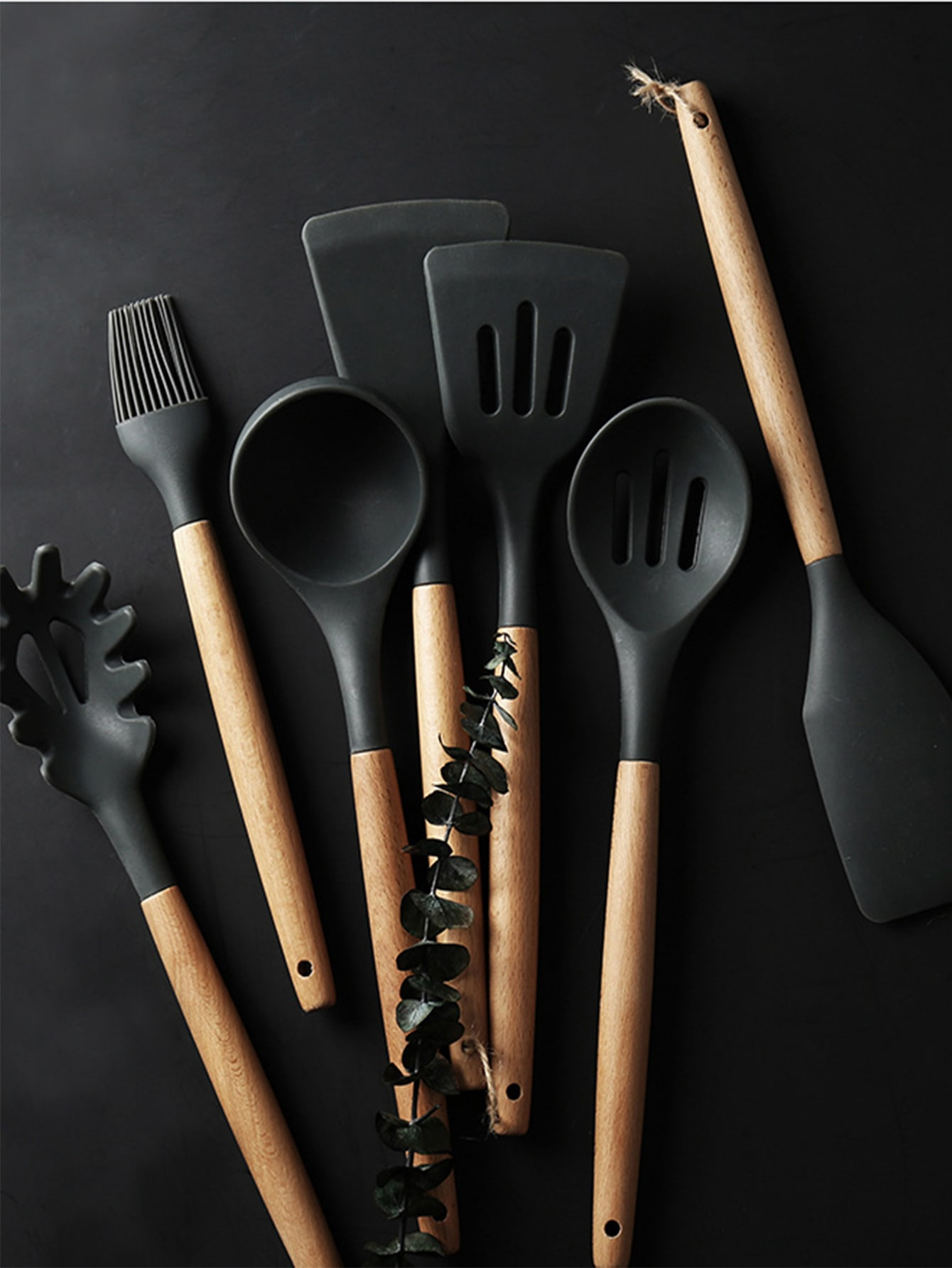 E-far Juego de 6 utensilios de cocina de silicona con mango de madera,  utensilios de cocina antiadherentes y resistentes al calor, incluye