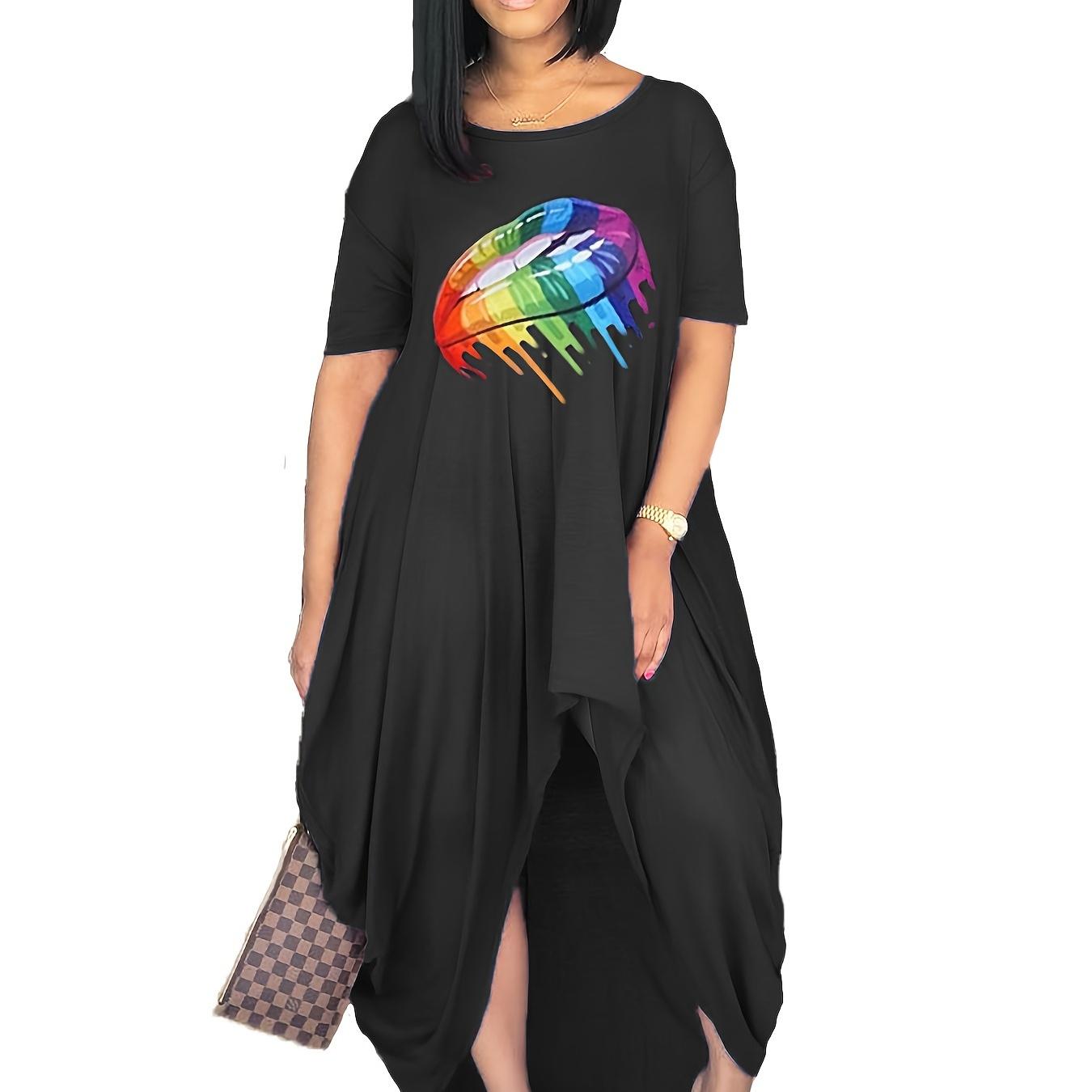 

Plus Size Rainbow Color Lip Print Irregular Hem Dress, Women's Plus Casual Short Sleeve Dress