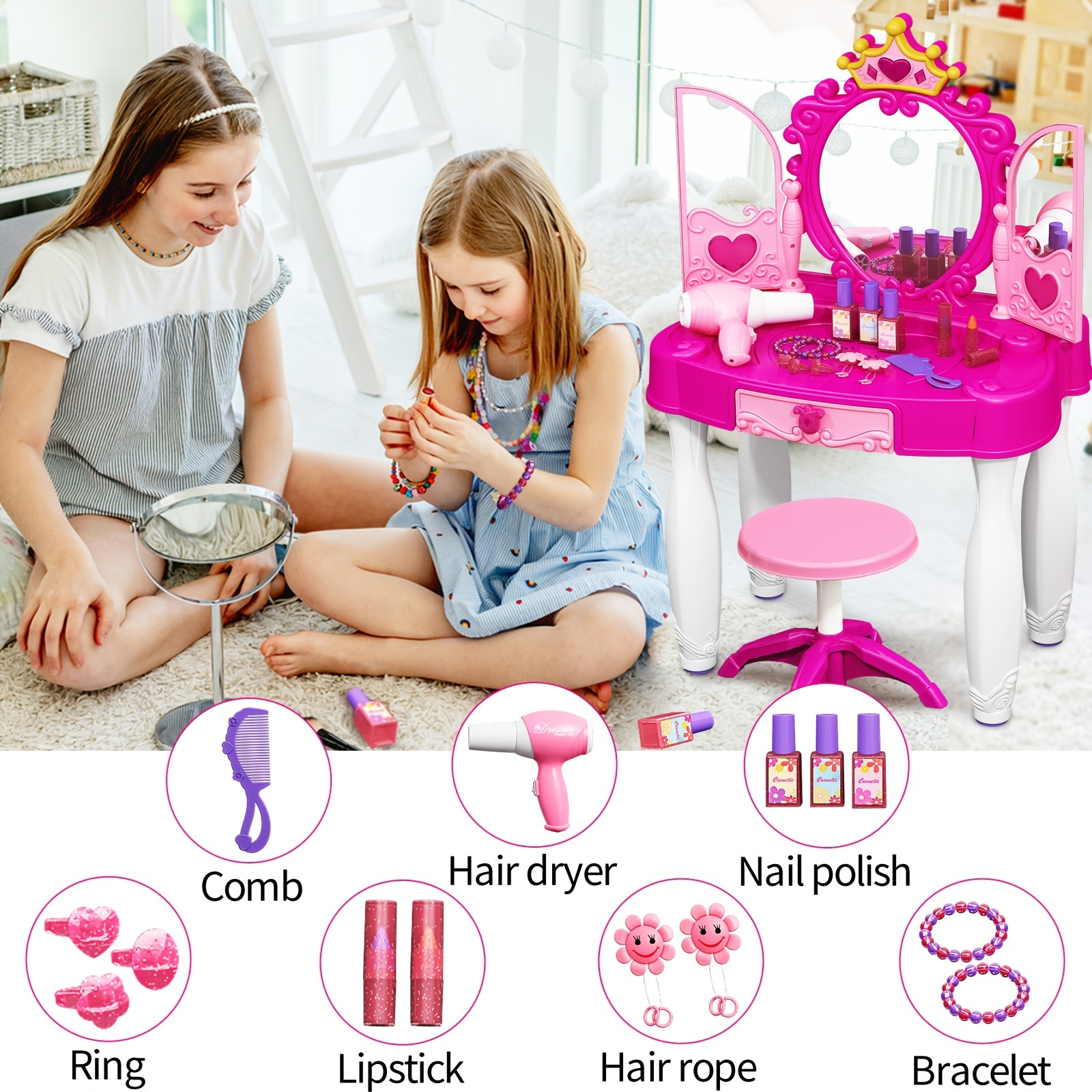 Kids Vanity Makeup Table With Mirror And Chair, Toddler Kids Makeup 