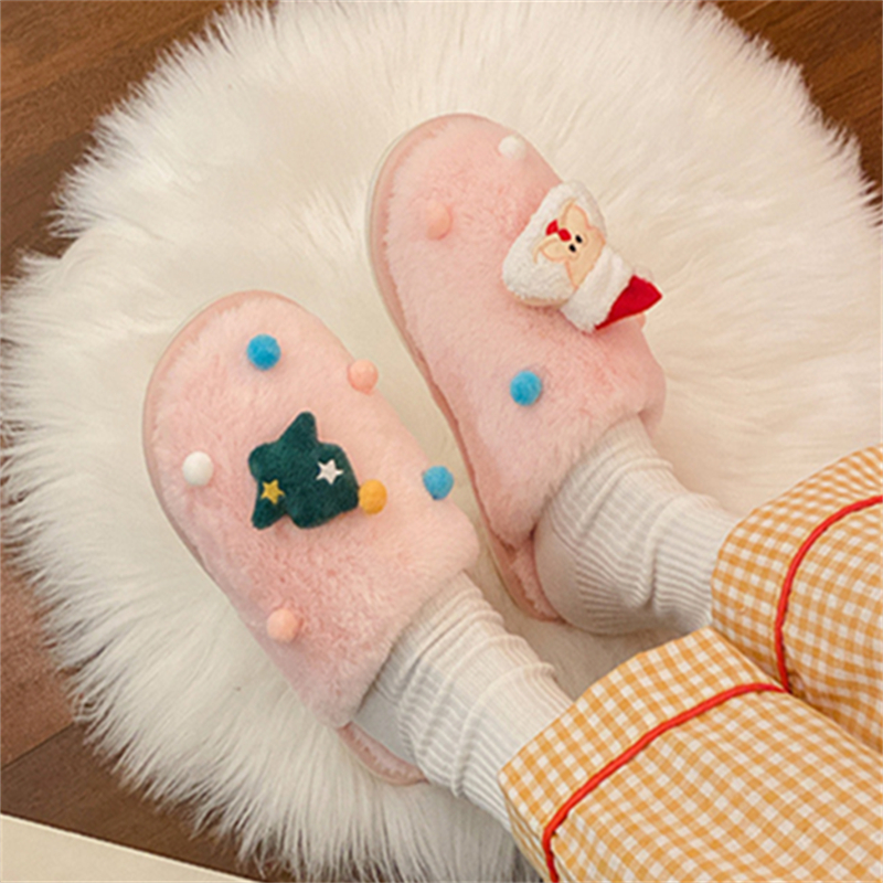 Women's Christmas House Slippers In Pink, Fluffy With Christmas