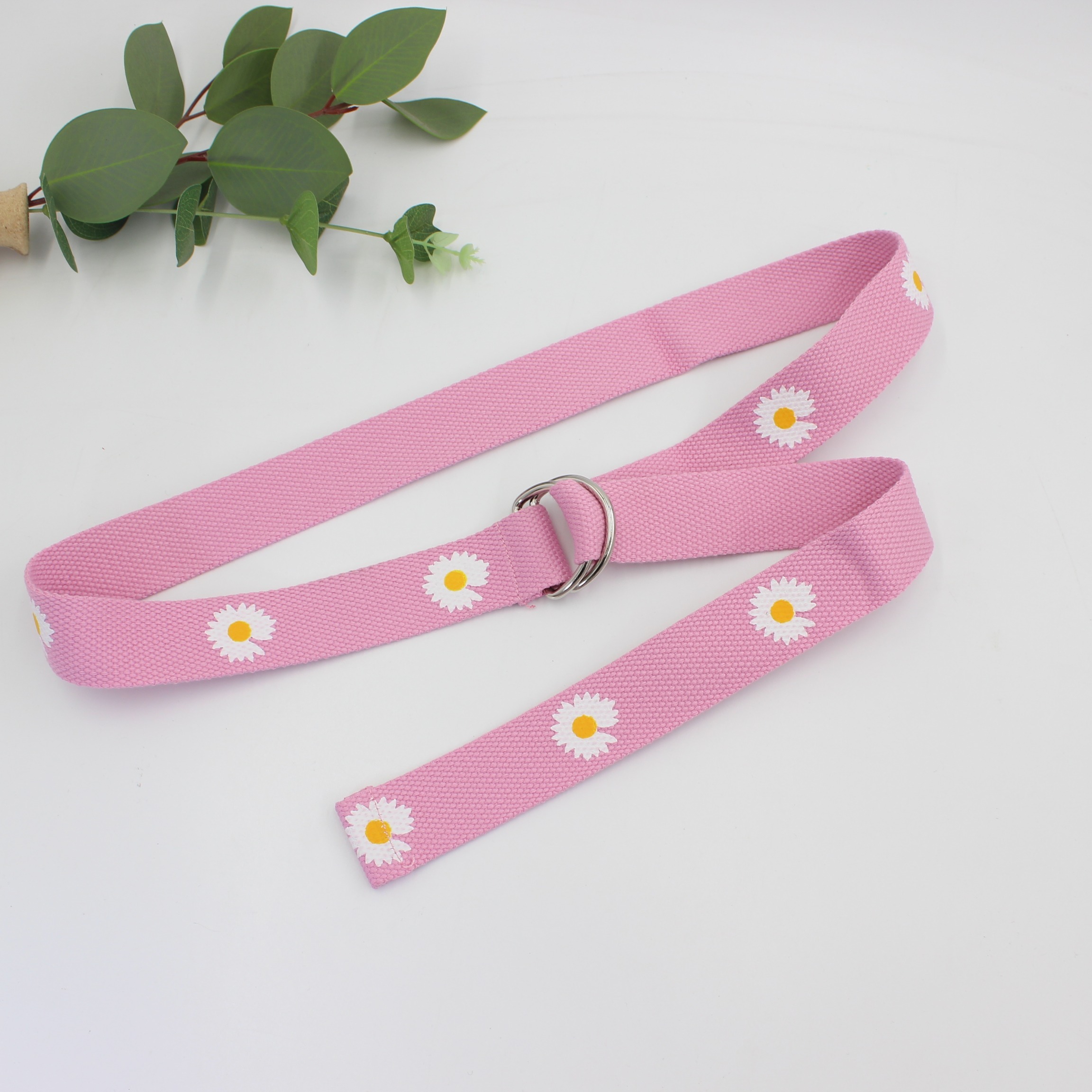 Orange Floral Print Double Buckle Canvas Belt for Women