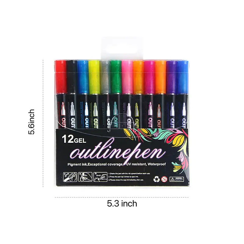 12 Colors Writing Drawing Pens Double Line Outline Pen - Temu