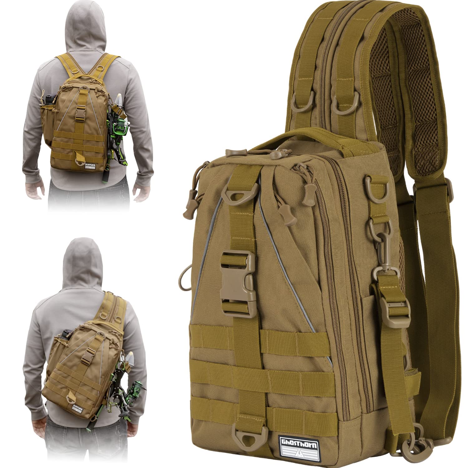 Fishing Backpack Tackle Sling Bag - Rod Holder - Large Size