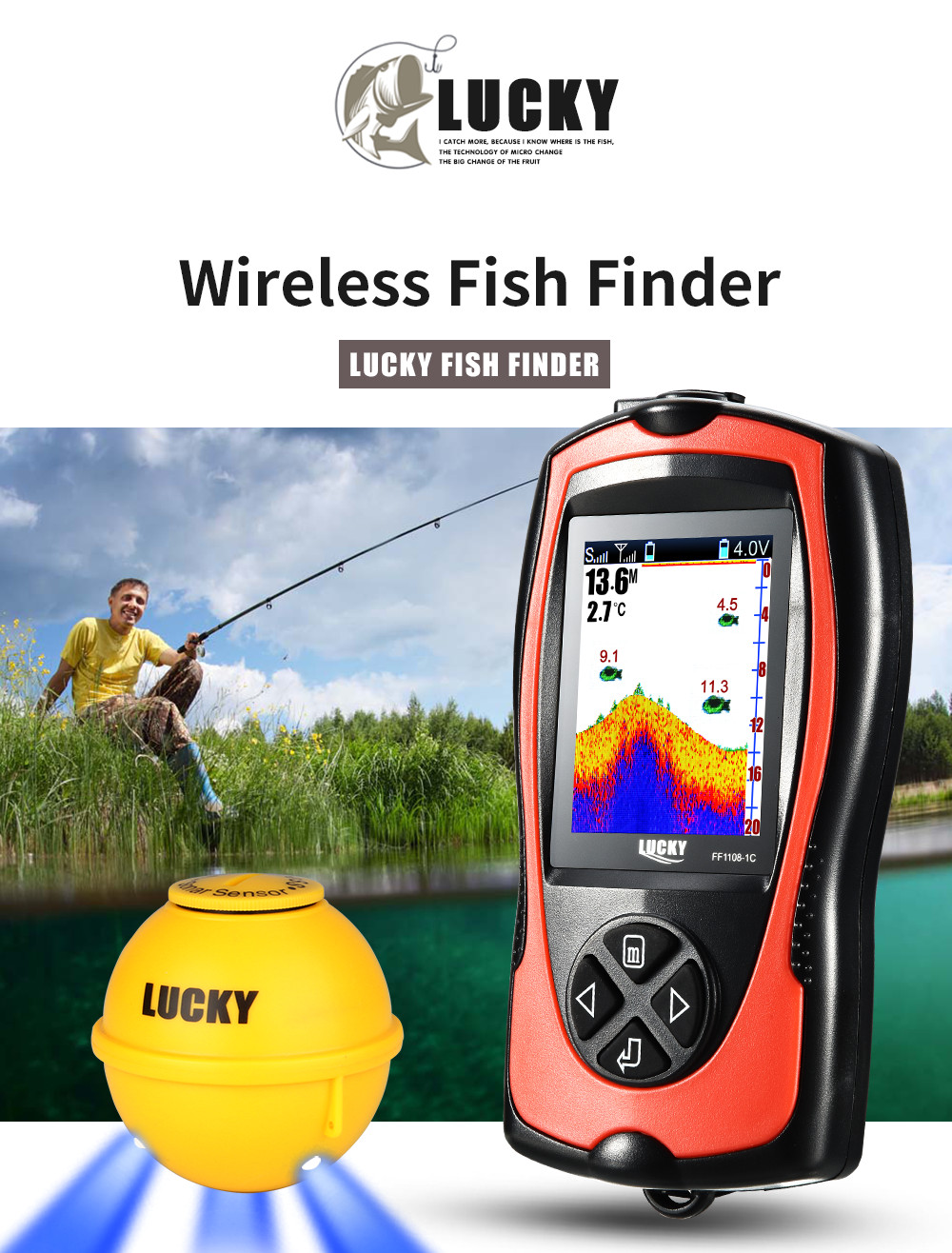 Lucky FF1108-1CWLA 45m Wireless Sonar Rechargeable Fish Fishing Finder  funshare 889251479281