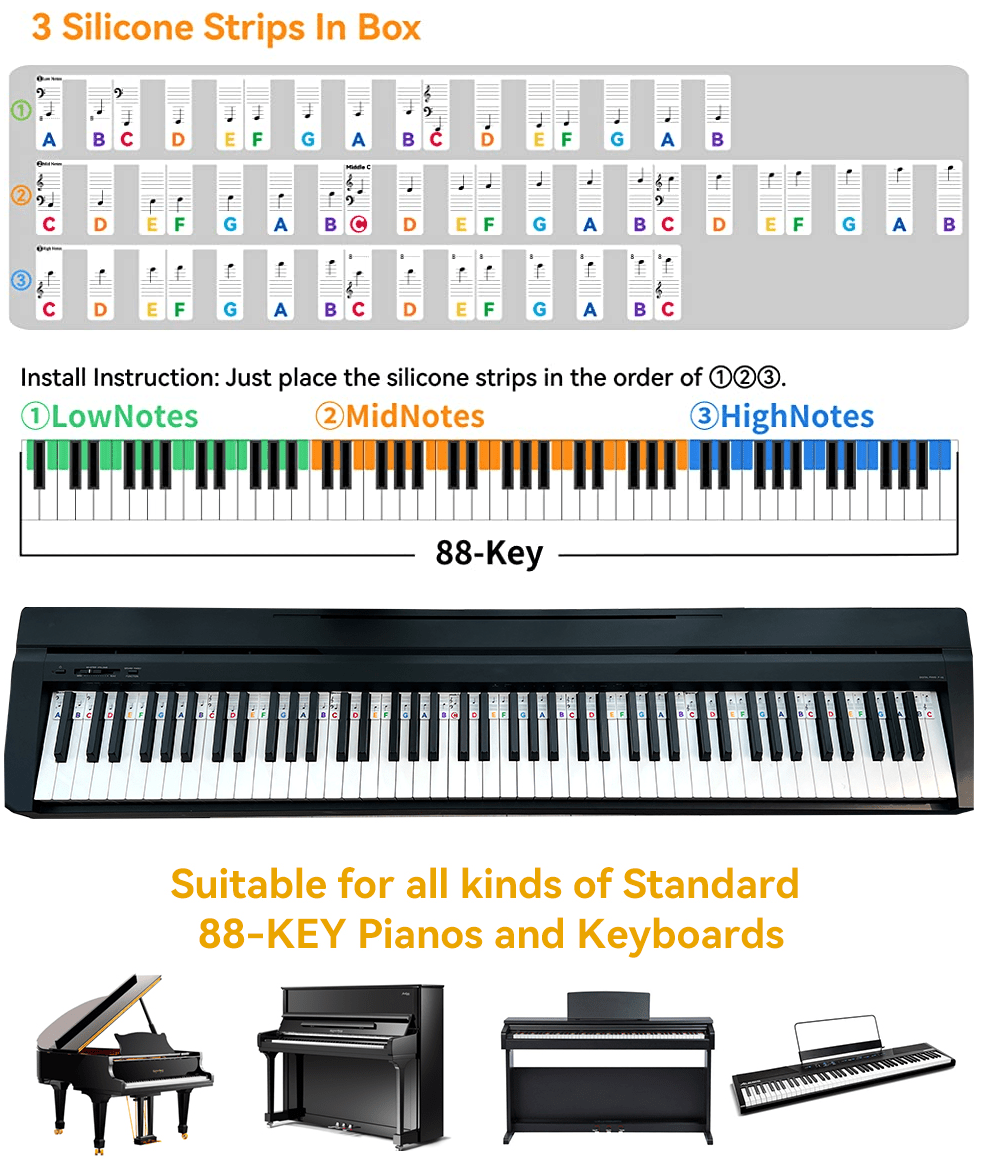 Guide de notes de piano pour débutants, étiquettes de notes amovibles pour  apprentissage, 88 touches de taille complète, fabriqué en silicone, pas  besoin d'autocollants, réutilisable et livré avec : : Instruments  de