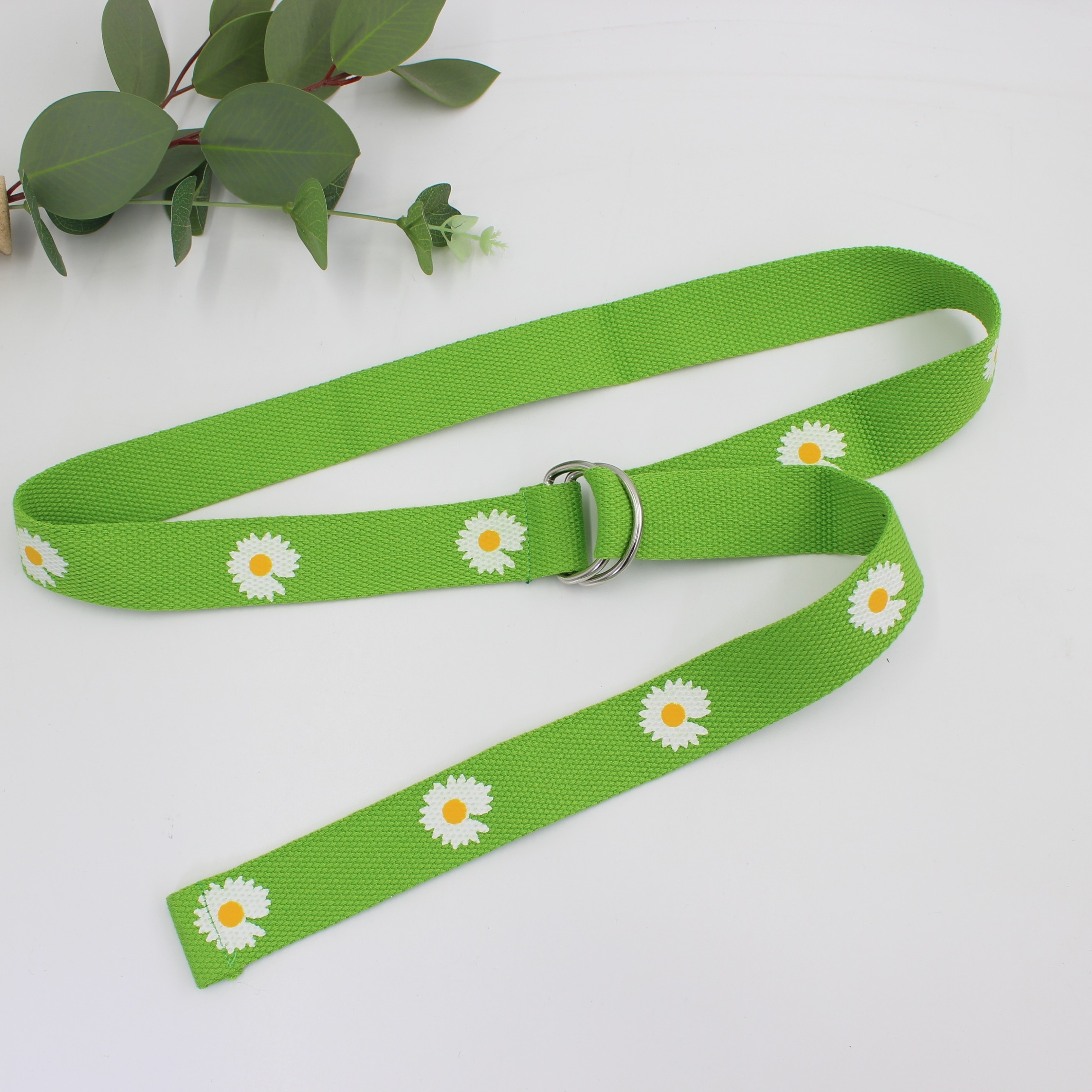 Orange Floral Print Double Buckle Canvas Belt for Women