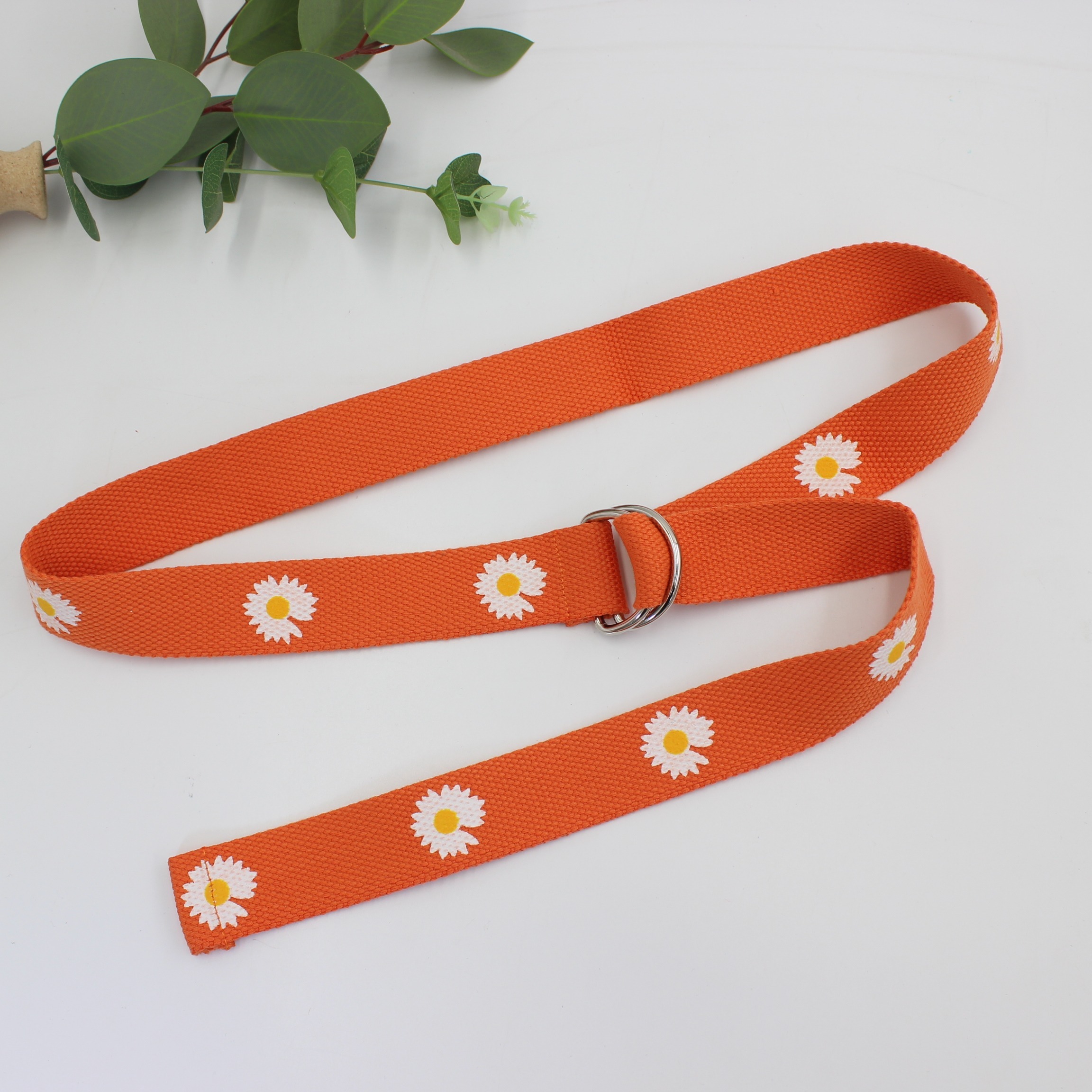 Orange Floral Print Double Buckle Canvas Belt for Women