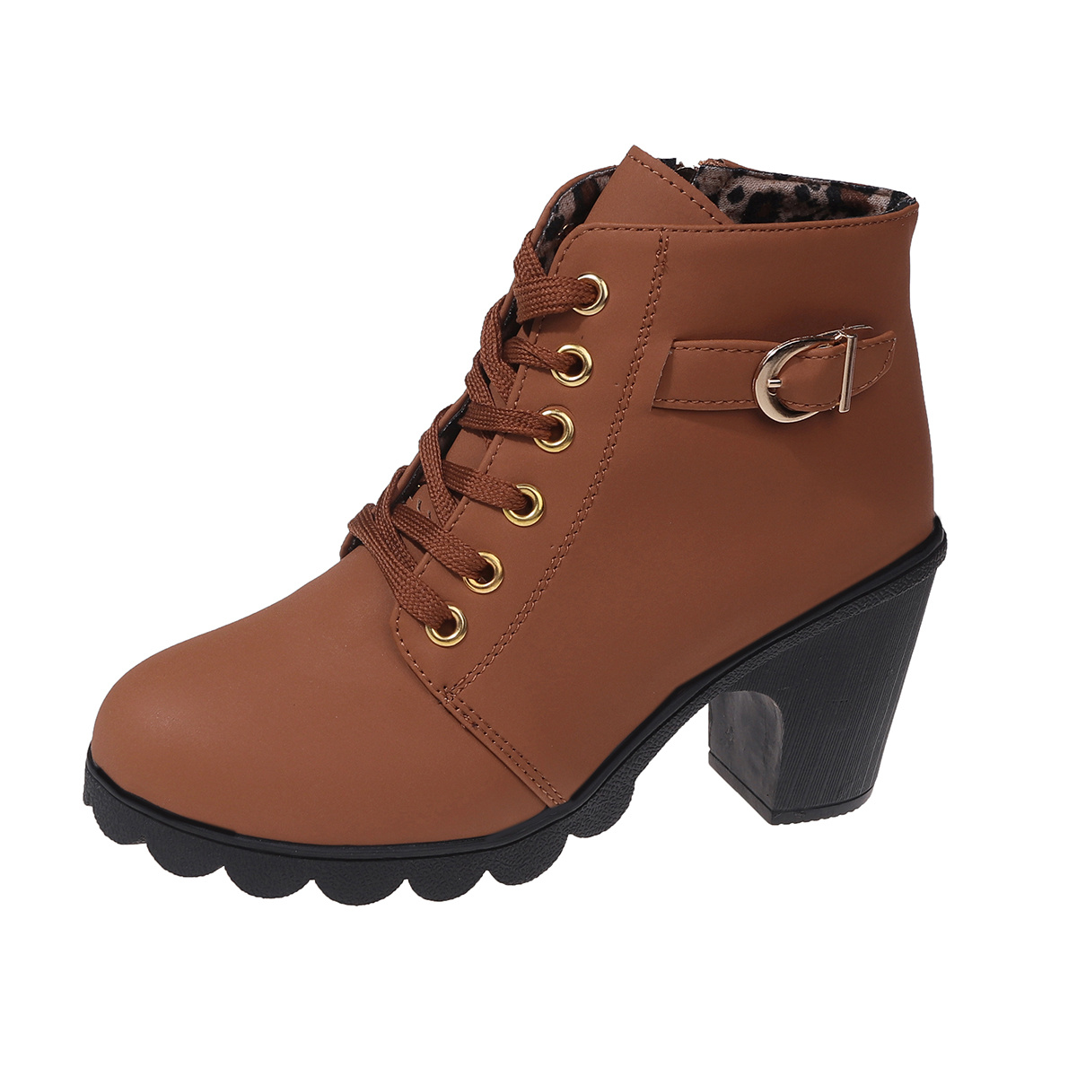 Chunky Heeled Ankle Boots Women s Solid Color Side Zipper