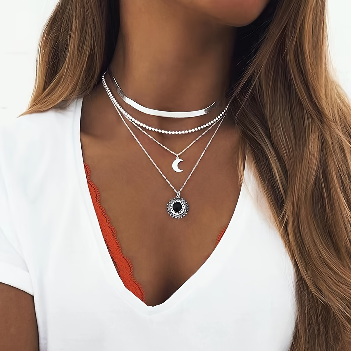 

Multi-layer Stacked Sun Moon Pendant Necklace Women's Fine Jewelry Elegant Accessories Trendy