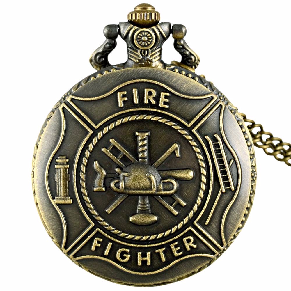 TEMU Toop Vintage Themed Pocket Watch For Men - Retro Quartz Flip Cover With Firefighter Badge, & Hydrant Engraved Design, Durable Metal Chain,