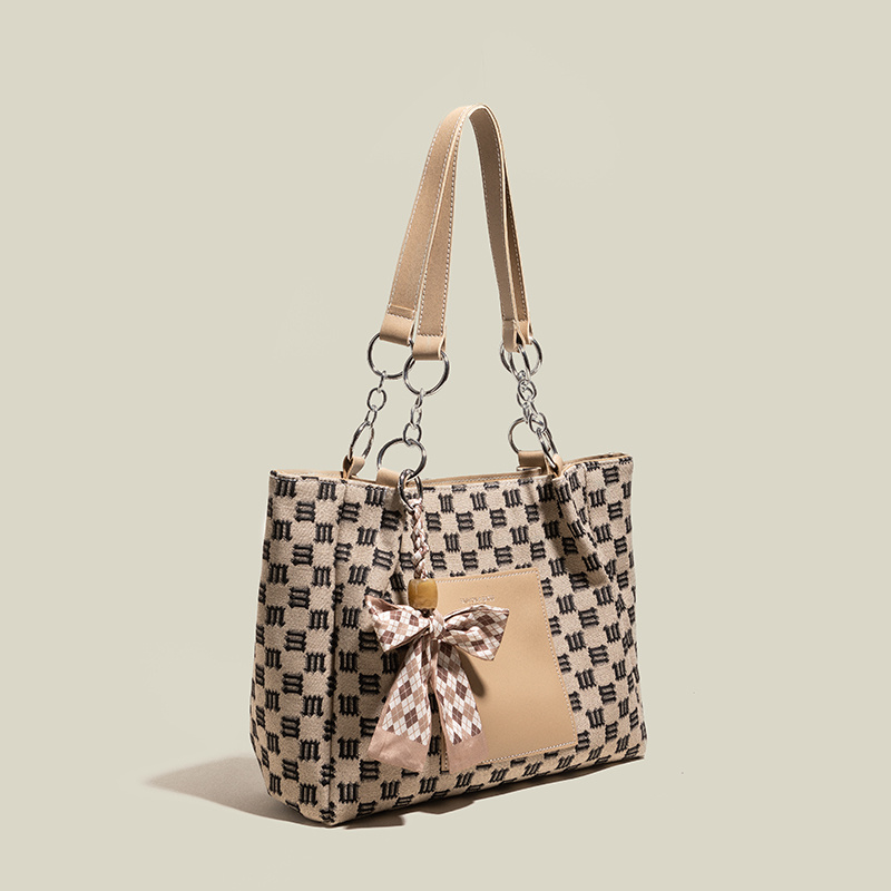 Striped Plaid Pattern Canvas Bag, Bow Scarf Decor Zipper Tote Bag