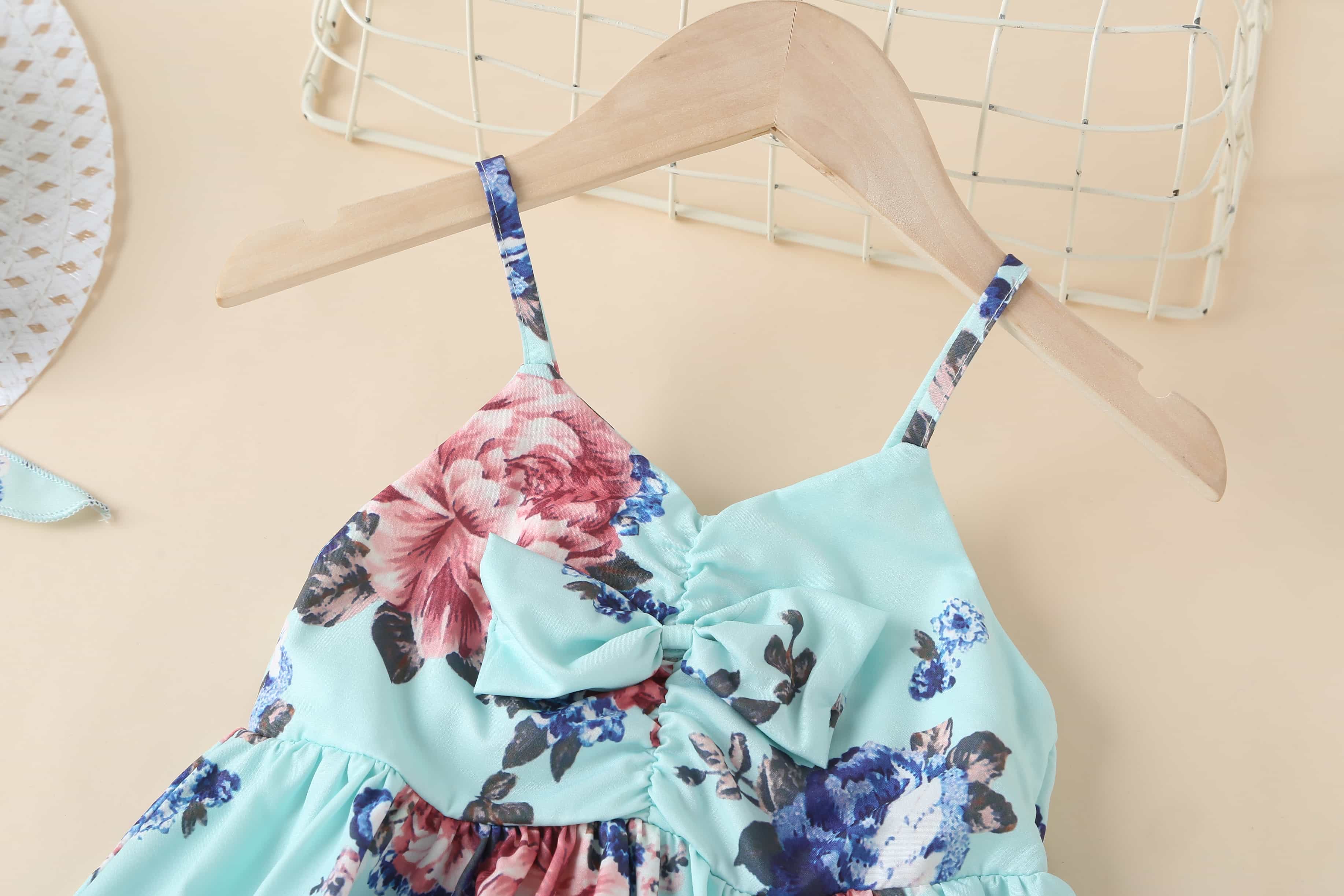 JUMESG Girls Beach Dress Girl's Spaghetti Strap Ruched Cami Dress Floral Print Ruffle Flared Mini Dresses (Light Purple,6-7 Years
