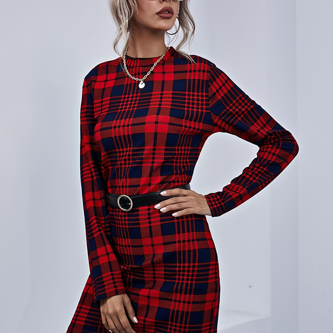 Long Sleeve Body Con Plaid Dress Elegant Casual Every Day Dress For All