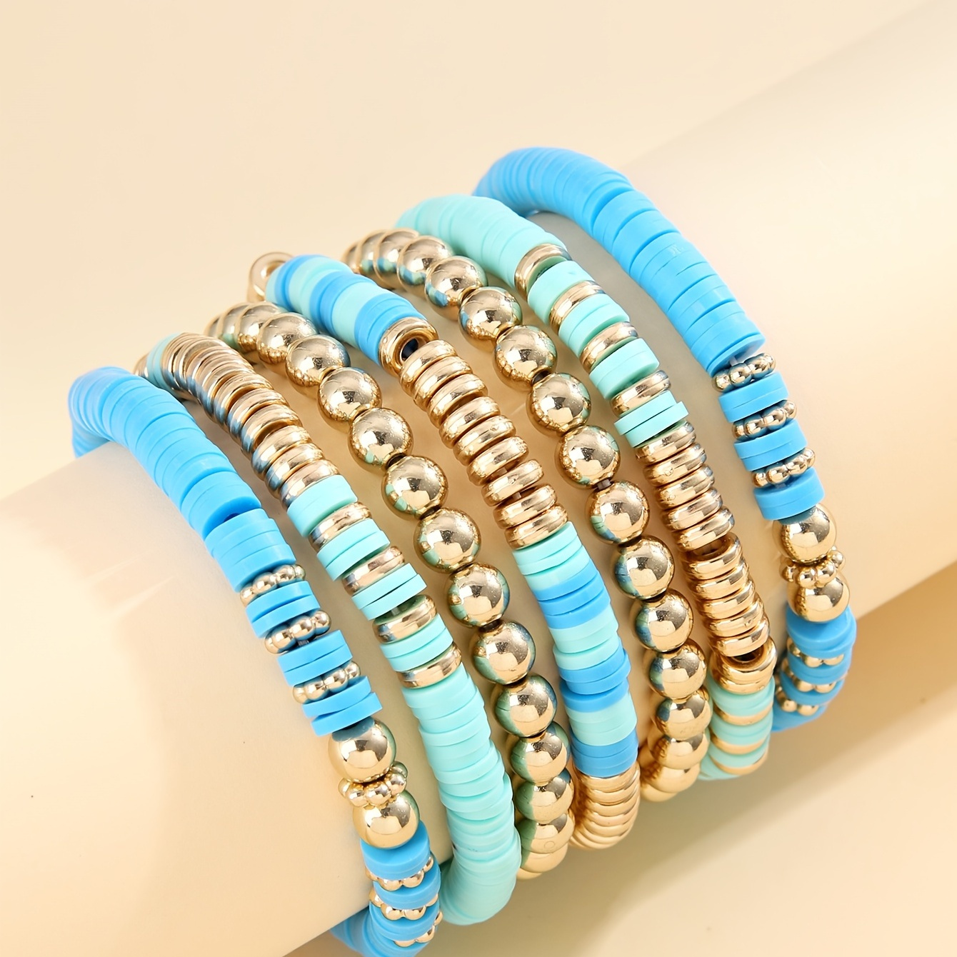 

7pcs Golden & Blue Color Beads Bracelet, Boho Style Hand Jewelry For Women