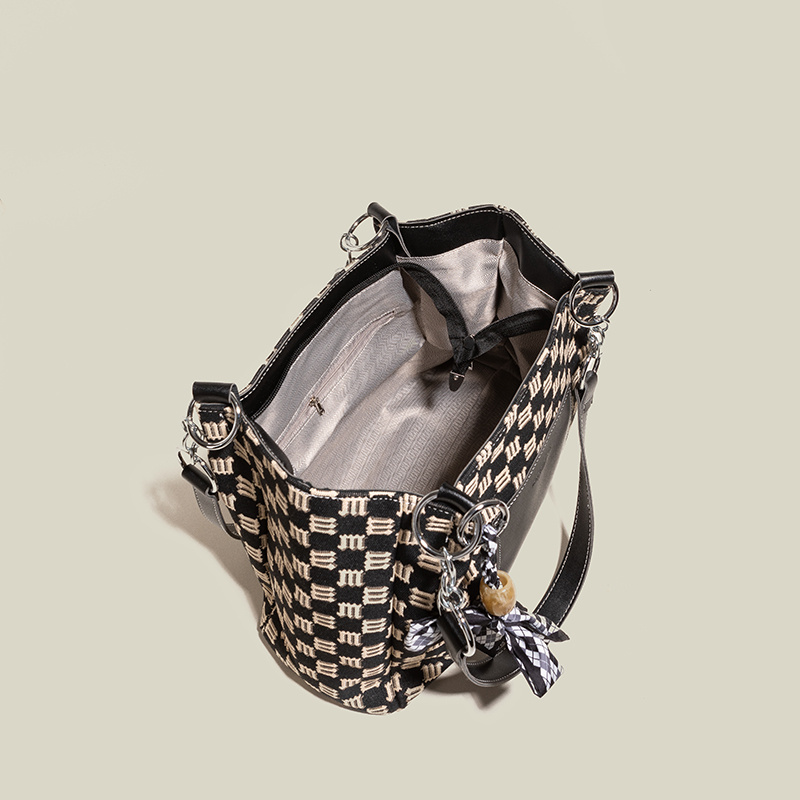 Striped Plaid Pattern Canvas Bag, Bow Scarf Decor Zipper Tote Bag