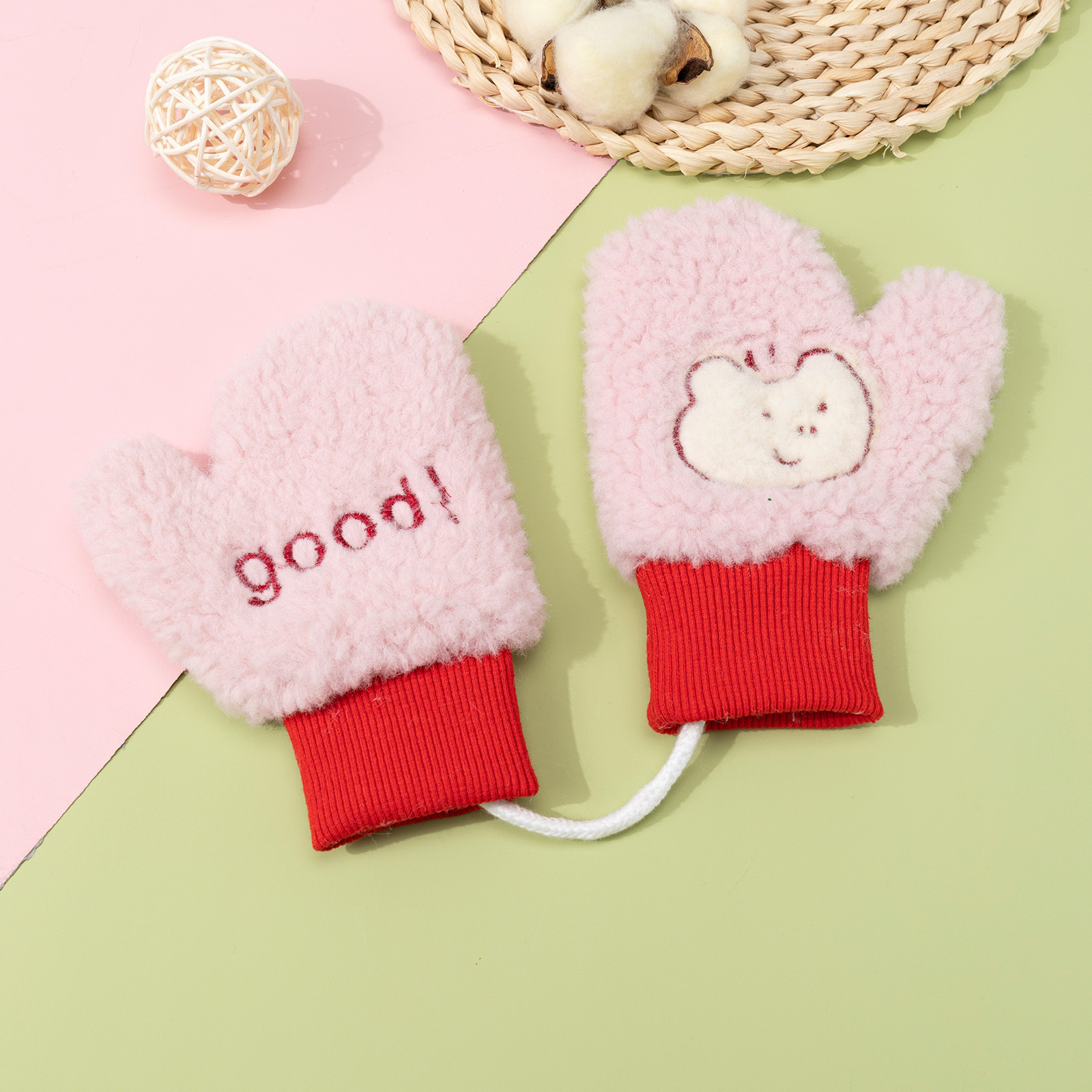 1pair Children Winter Knitting Gloves, Bowknot Bear Plush Soft Five Finger  Gloves, Boys Girls Warm Gloves