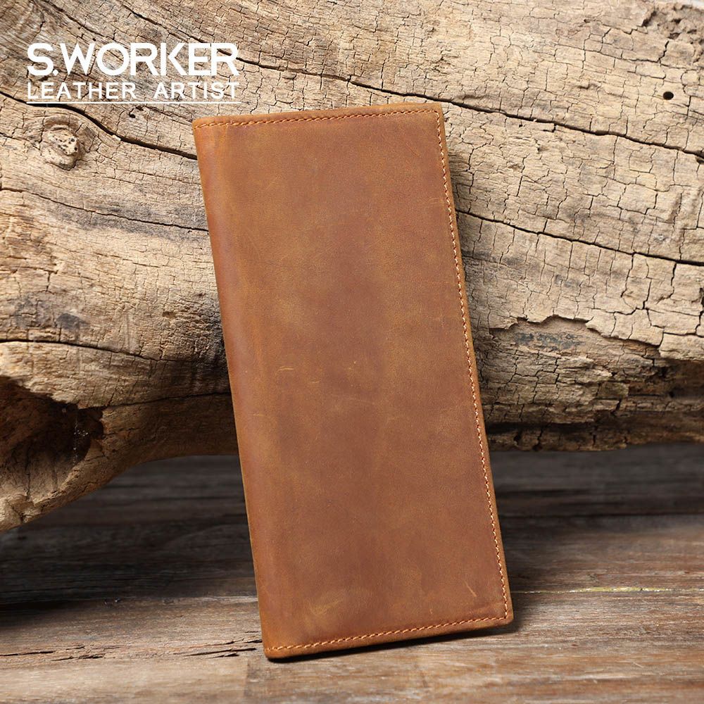 1pc S.WORKER Vintage Crazy Horse Leather Wallet Handmade Men's Genuine  Leather Long Wallet Pocket Purse Clutch Cash Card Holder