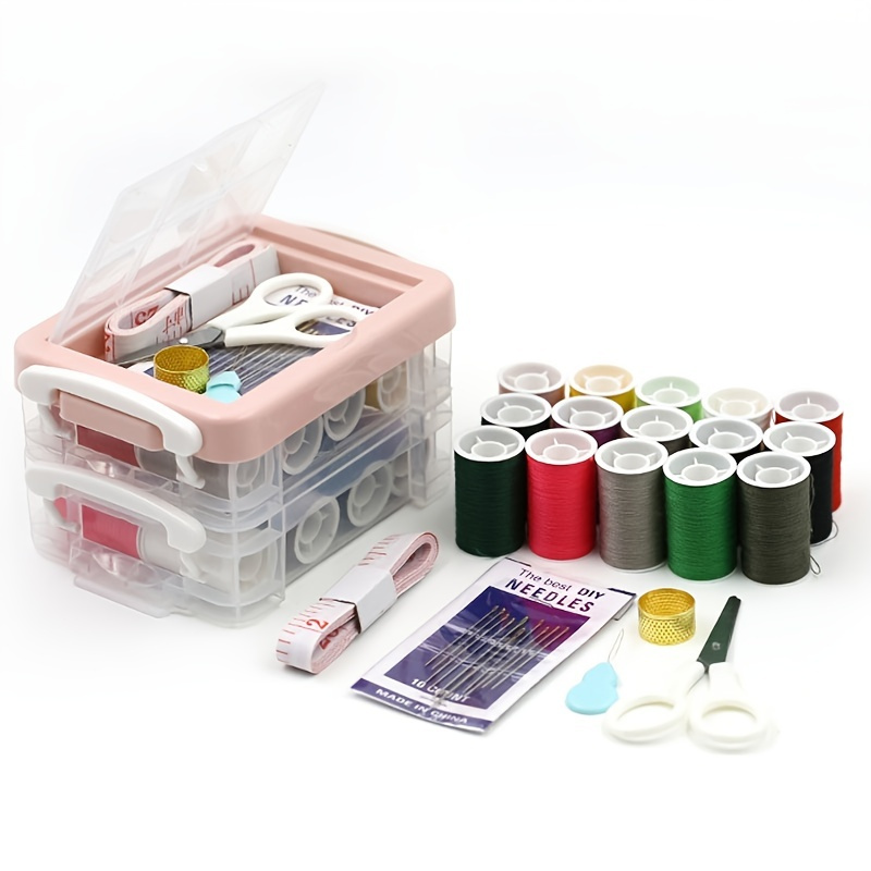 

1pc Transparent 3-layer Sewing Box Set, Portable Household Sewing Kit, Thread Scissors Needles Thimbles, Sewing Tool Set
