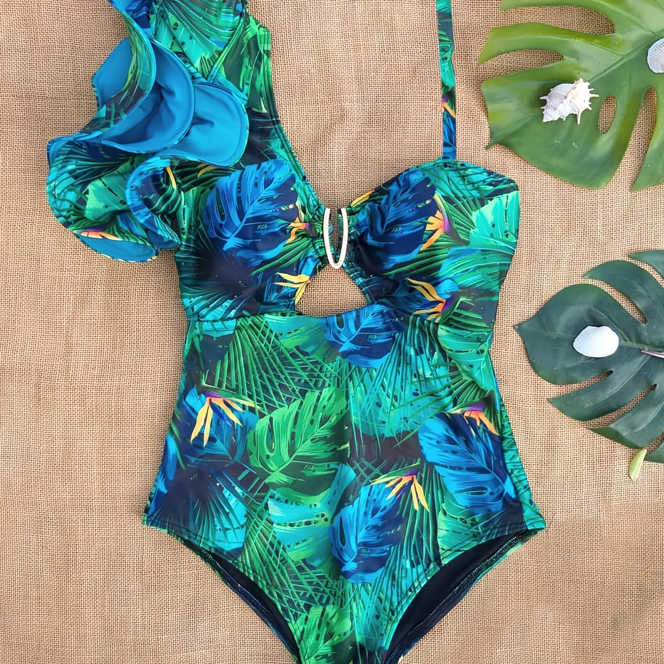 

Ruffle Leaf Print 1 Piece Swimsuit, Asymmetrical Shoulder Straps Tummy Control High Cut Bathing Suit, Women's Swimwear & Clothing