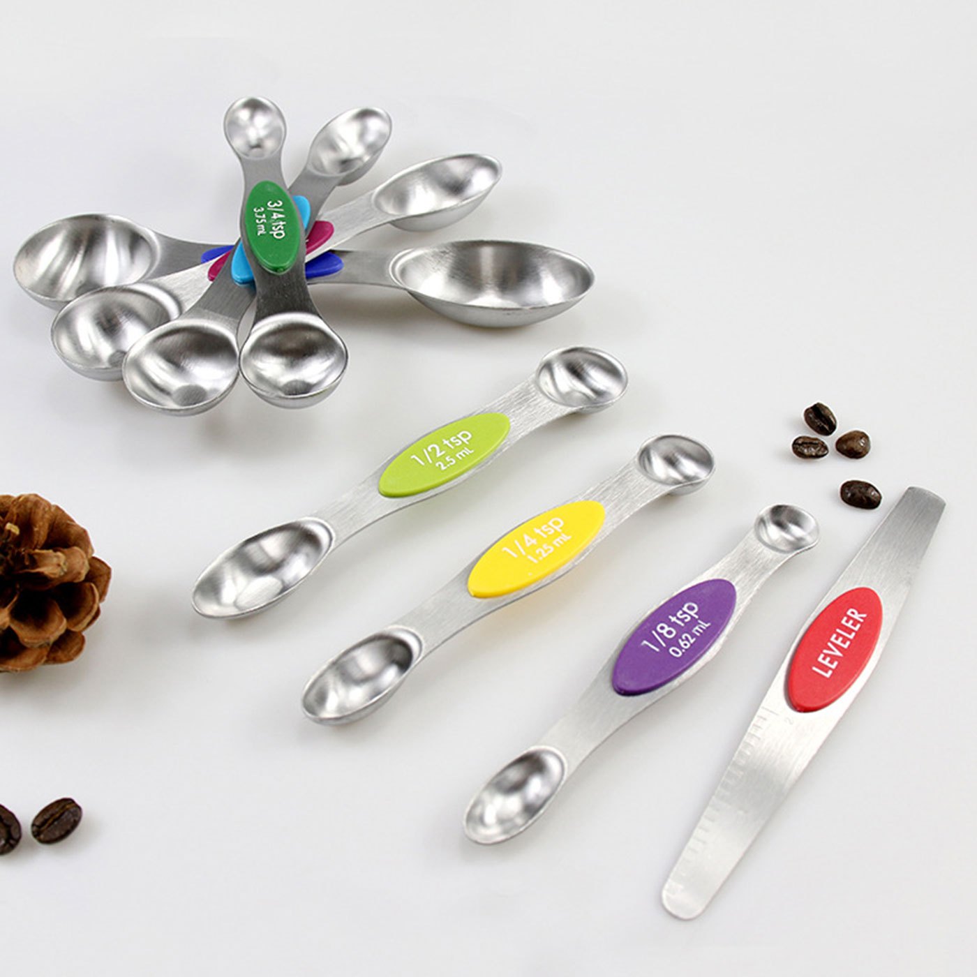 8pcs Magnetic Measuring Spoons Set, Dual Sided, Stainless Steel, Fits In Spice Jars, 6.7inch
