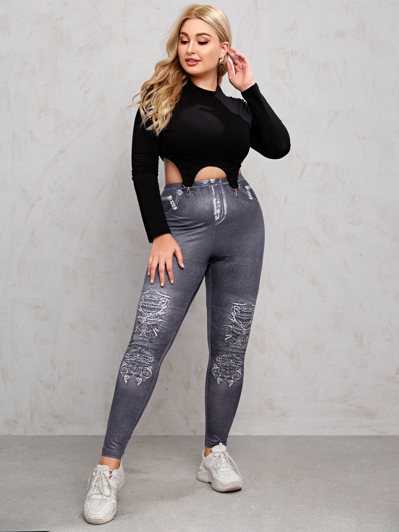 Plus Size Casual Leggings Women's Plus Denim Print High - Temu