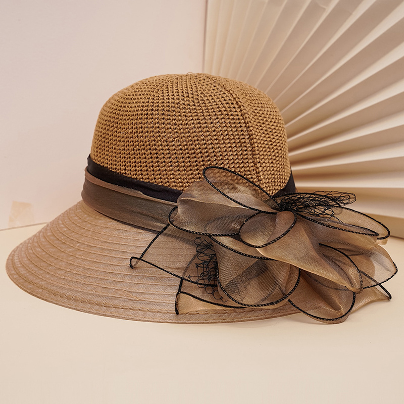 Women's Church Derby Hat Wide Brim Straw Bucket Hat Wedding Mesh Floral Hat Fascinator Beach Sun Protective Hat, Chic Brown Summer Straw Hat
