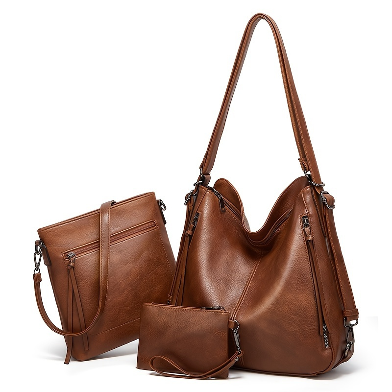 Women's Solid Color Bag Set, Zipper Large Handbag & Crossbody Bag