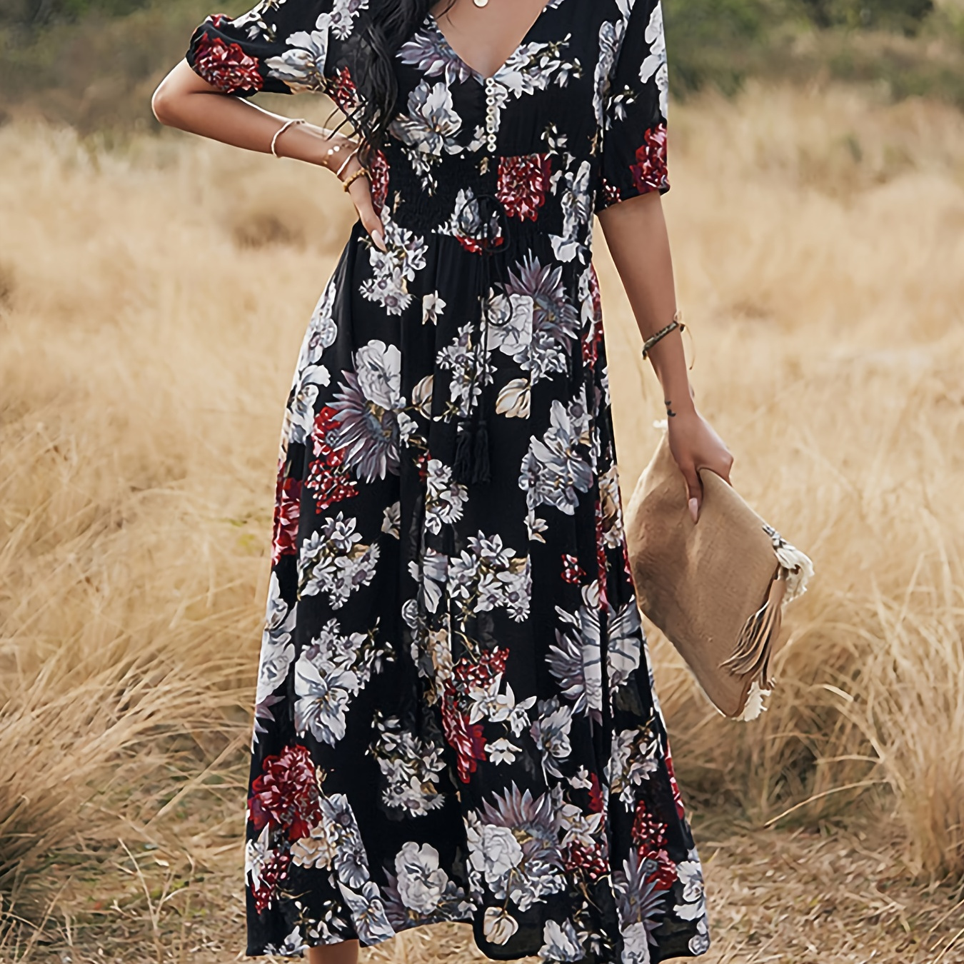 V Neck Long Sleeve Dress, Casual Every Day Dress For Summer & Spring