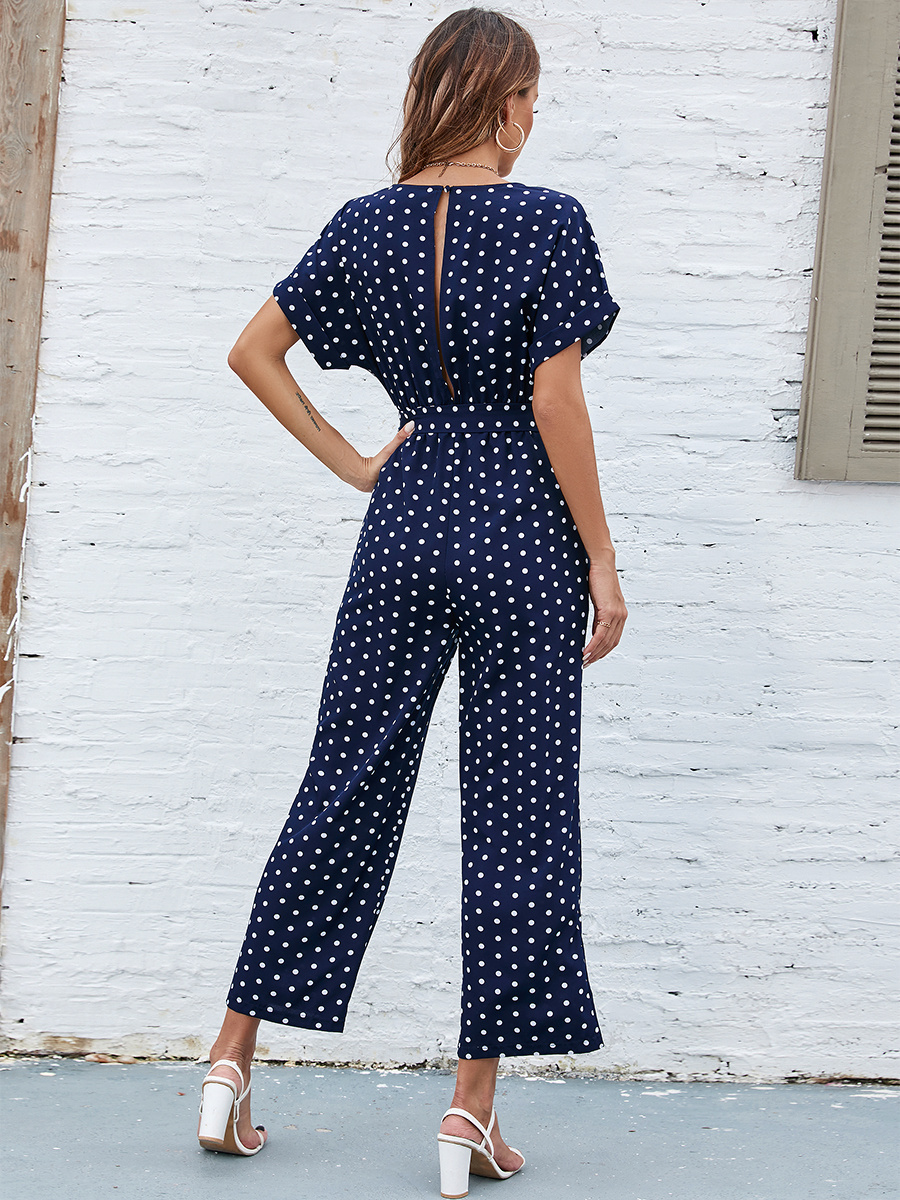 Polka Dot Round Neck Short Sleeve High Waist Jumpsuit - Temu New Zealand