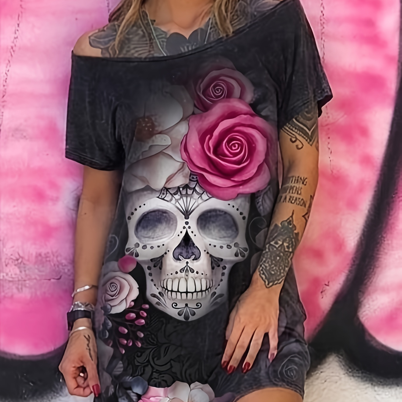 

Gothic Skull & Flower Print Off Shoulder Dress, Casual Short Sleeve Dress For Spring & Summer, Women's Clothing