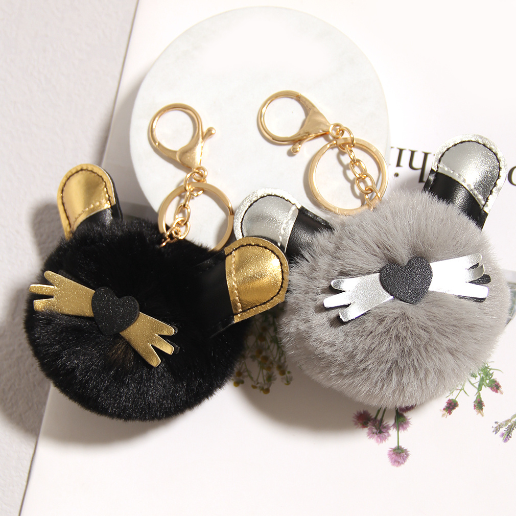 Pu Leather Cartoon Cat Keychains Faux Rabbit Fur Pom Pom - Temu Qatar