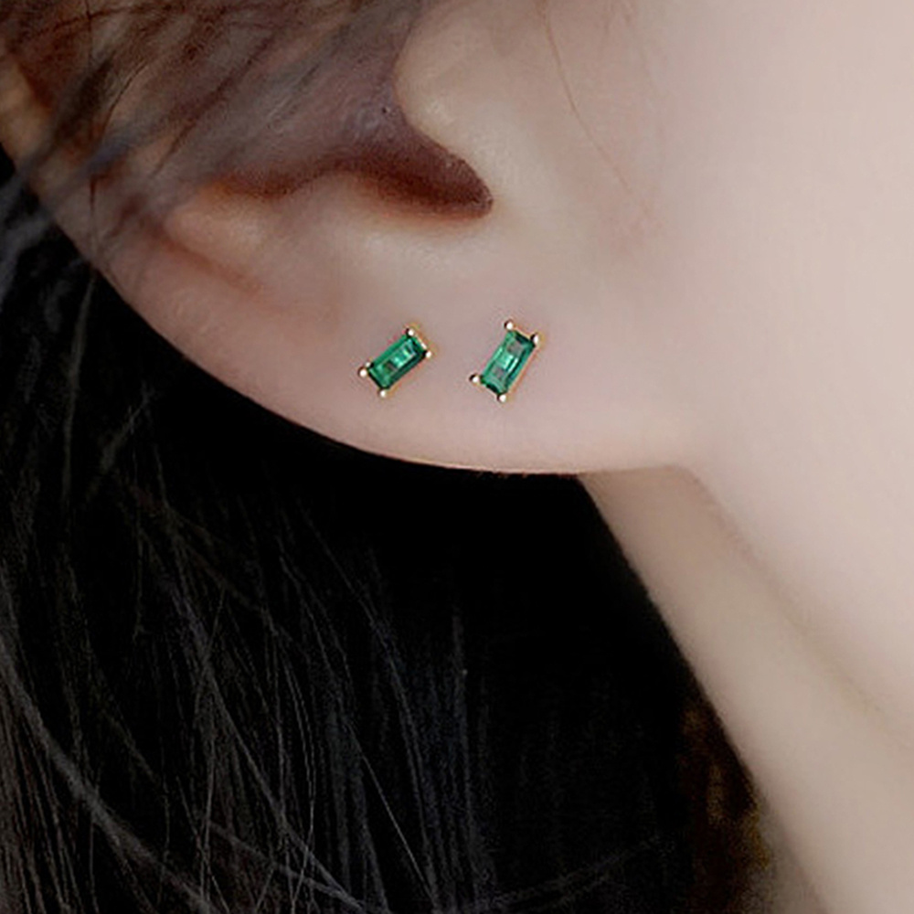 2 Mini Rectangular Green Zirconia Stud Earrings