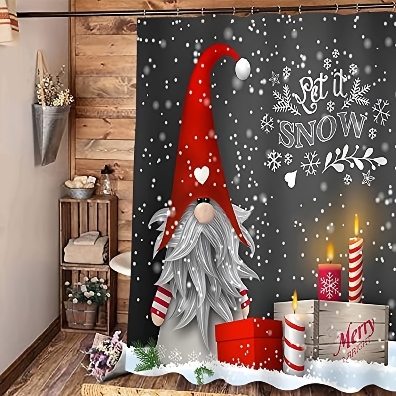 

1pc Gray Background Elf Bathroom Shower Curtain, Cute Christmas Snowflake Pattern Shower Curtain, Winter Christmas Holiday Bathroom Curtain, With 12 Plastic Hooks