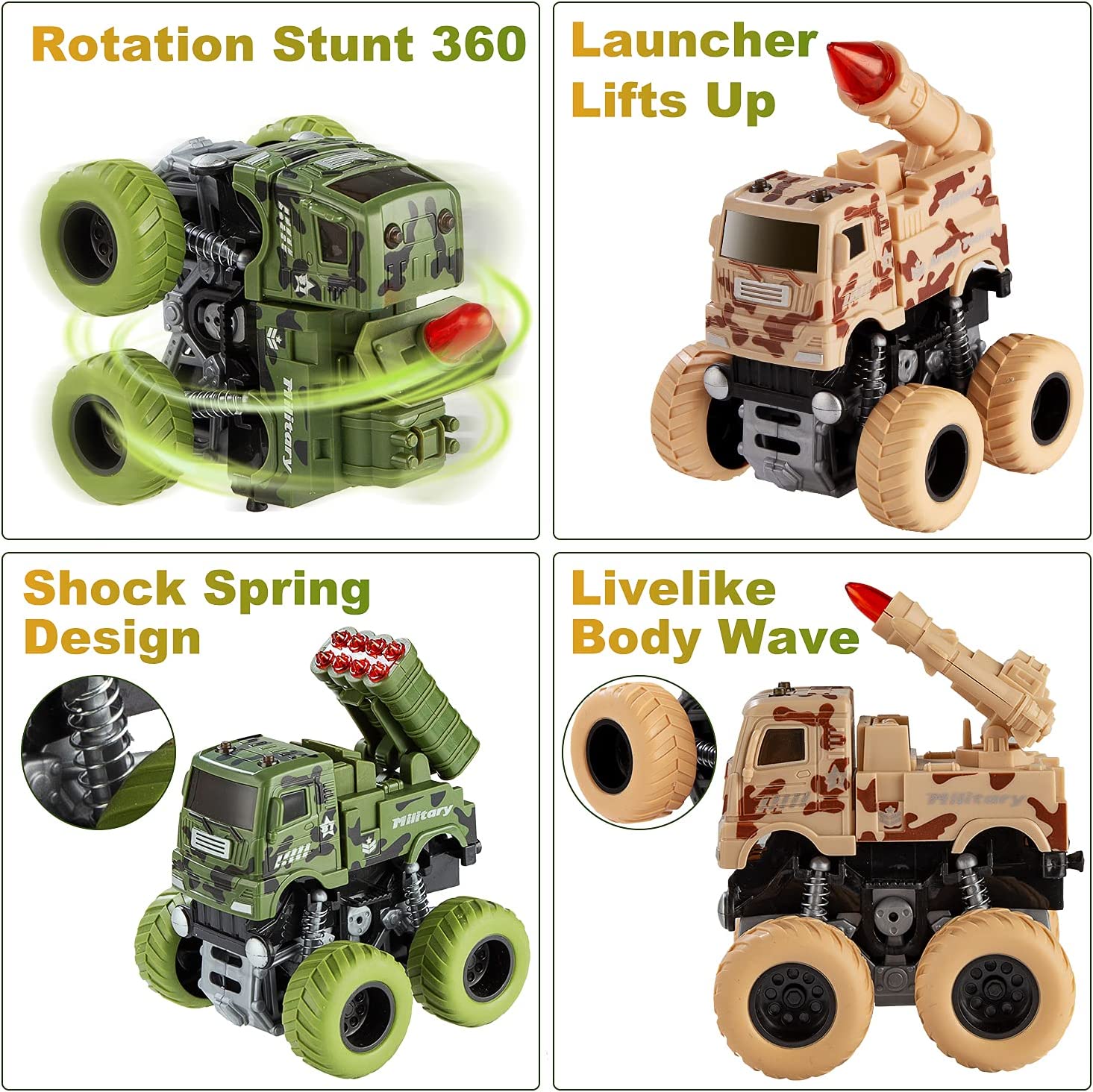 Lot de 4 Truck - Jouets à friction pour enfants - Rotation à 360