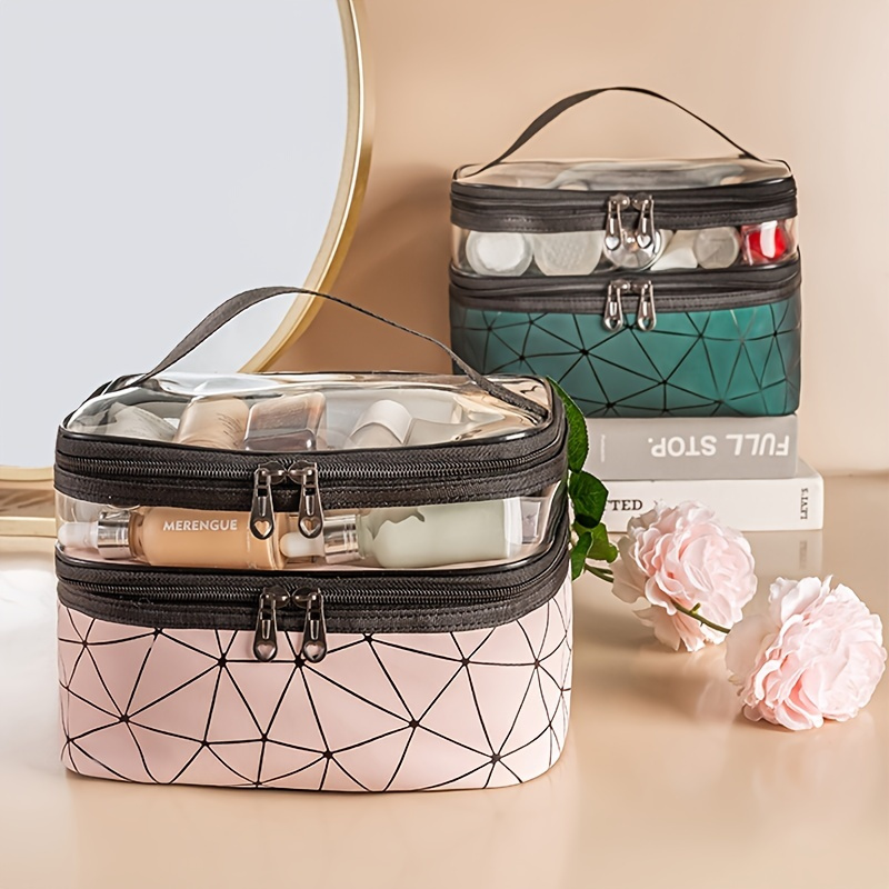 

Waterproof Clear Pvc Double Layer Makeup Bag Organizer - Portable Travel Cosmetic Tote Bag With Zippered Closure