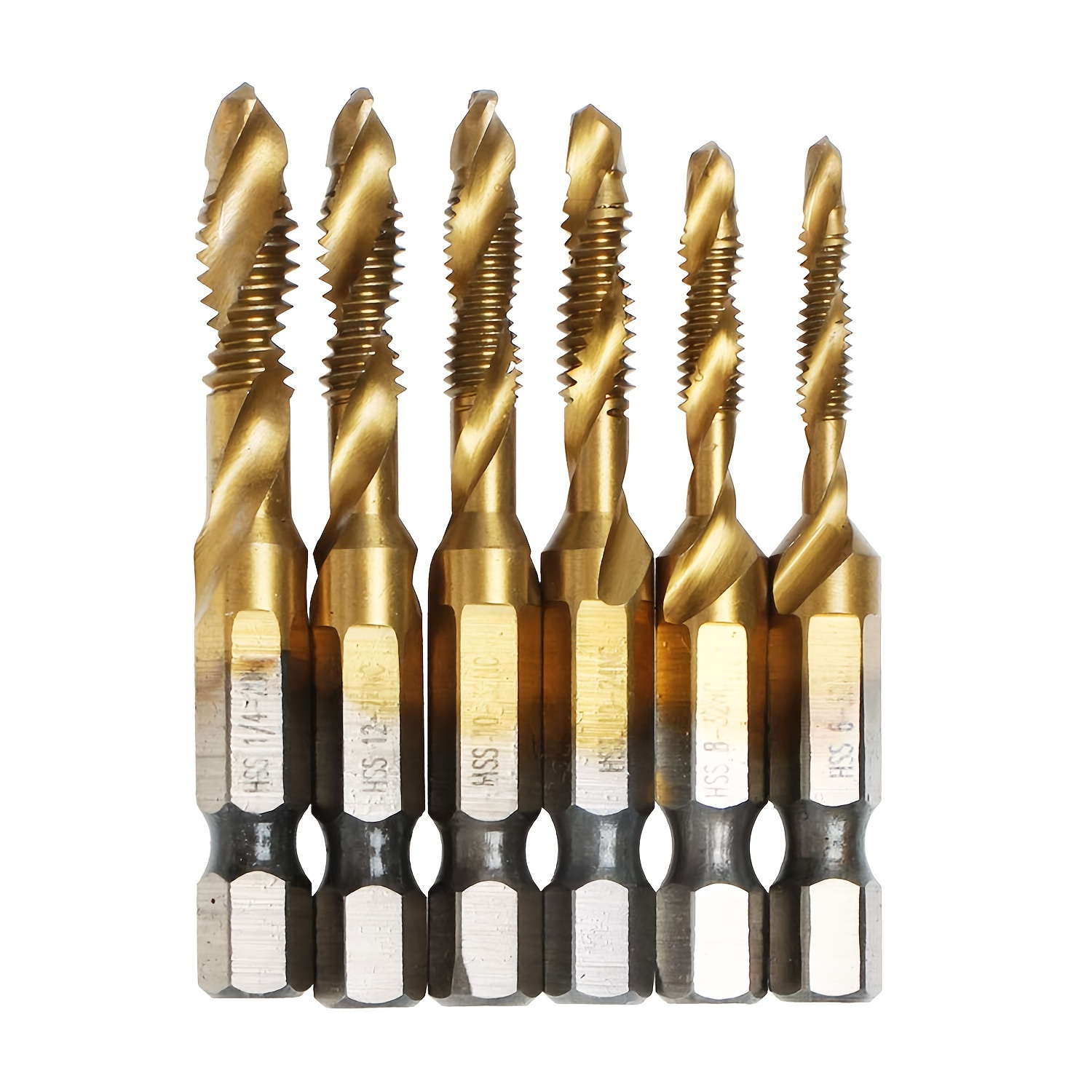 

6pcs Titanium Combination Drill And Tap Bits Set, Sae 6-32nc 8-32nc 10-24nc 10-32nc 12-24nc 1/4-20nc Screw Taps, 3-in-1 Bit Tool For Drilling, Tapping And Countersinking