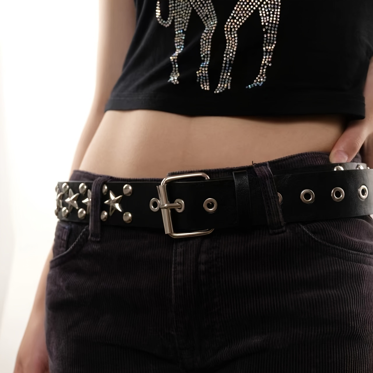 Women y2k Star Eye Rivet Belt Double Row Hole Belt Punk Waist