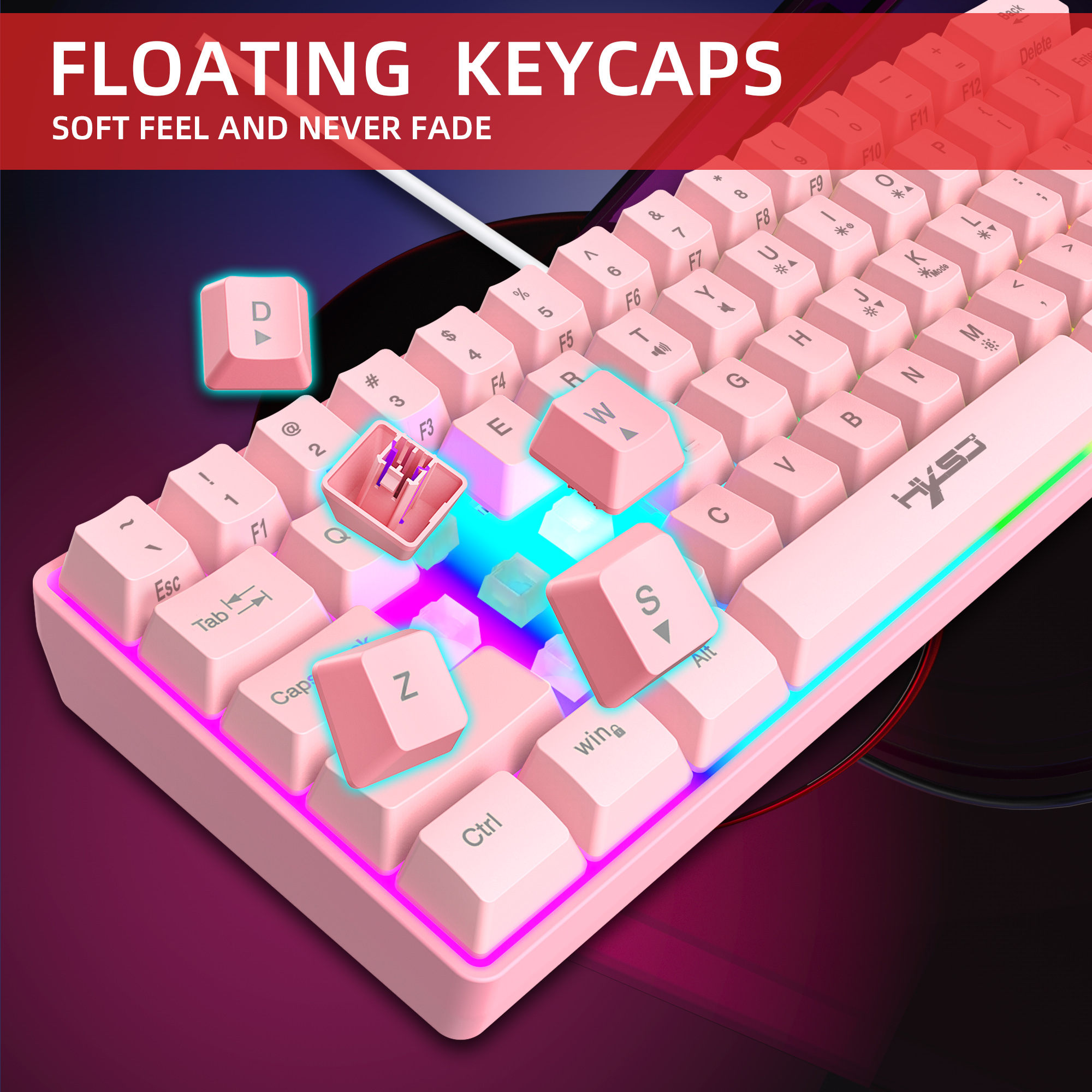 Teclado mecânico tenkeyless do jogo de huo ji, 84 chaves rgb led backlight  wired switch keyboard para o jogo de digitação do escritório, rosa -  AliExpress