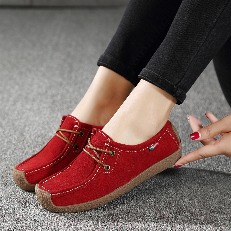 Cathalem Summer Shoes for Women Casual Suede Flat Front Lace Up Casual  Flock Single Shoes Causal Women Shoes Wide Width Casual Red 7.5 
