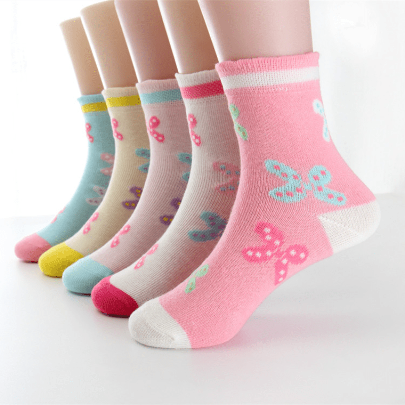 5pairs Baby Girls Socks Kids Butterfly Graphic Cotton Crew Socks Warm Winter