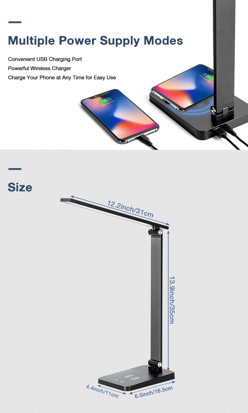 1pc led desk lamp with wireless charger dimmable led table lamp with wireless charger usb charging port color temperature selectable foldable black 7w come with 5ft cable wires details 5