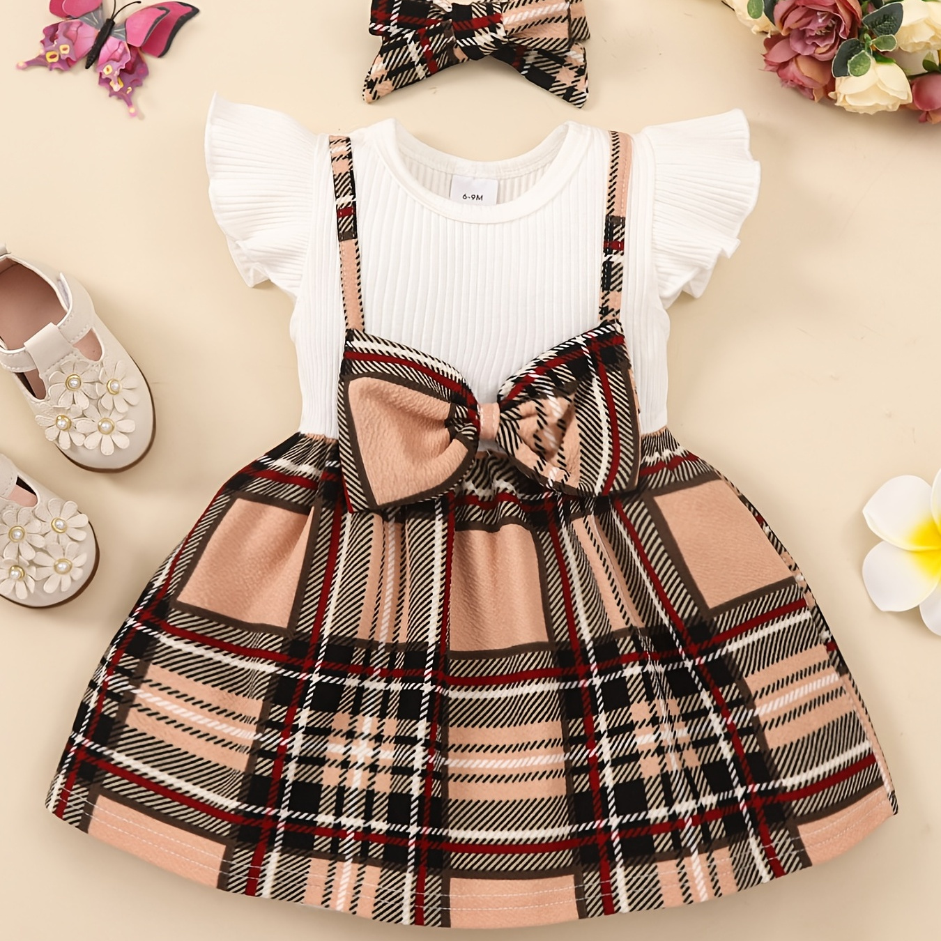 

2pcs Infant Baby Girls Splicing Suspender Dress Fly Sleeve Bow Plaid Dress & Headband Set Toddler Clothes