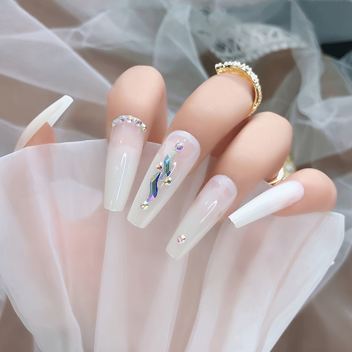 24pcs Press On Nails Medium Coffin Fake Nails White French Tip Ballerina  Acrylic Nails With 3D Bow And Pearl Design Glossy Sweet Valentine's Day  Glue