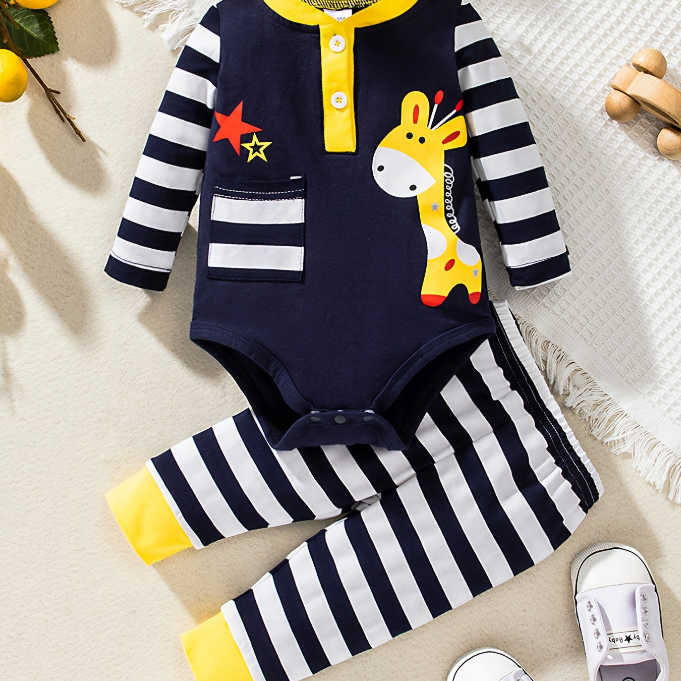 

Baby Boys Girls Long Sleeve Deer Pattern Romper + Striped Pants Set Newborn Infant Baby Clothes Baby Layette Sets