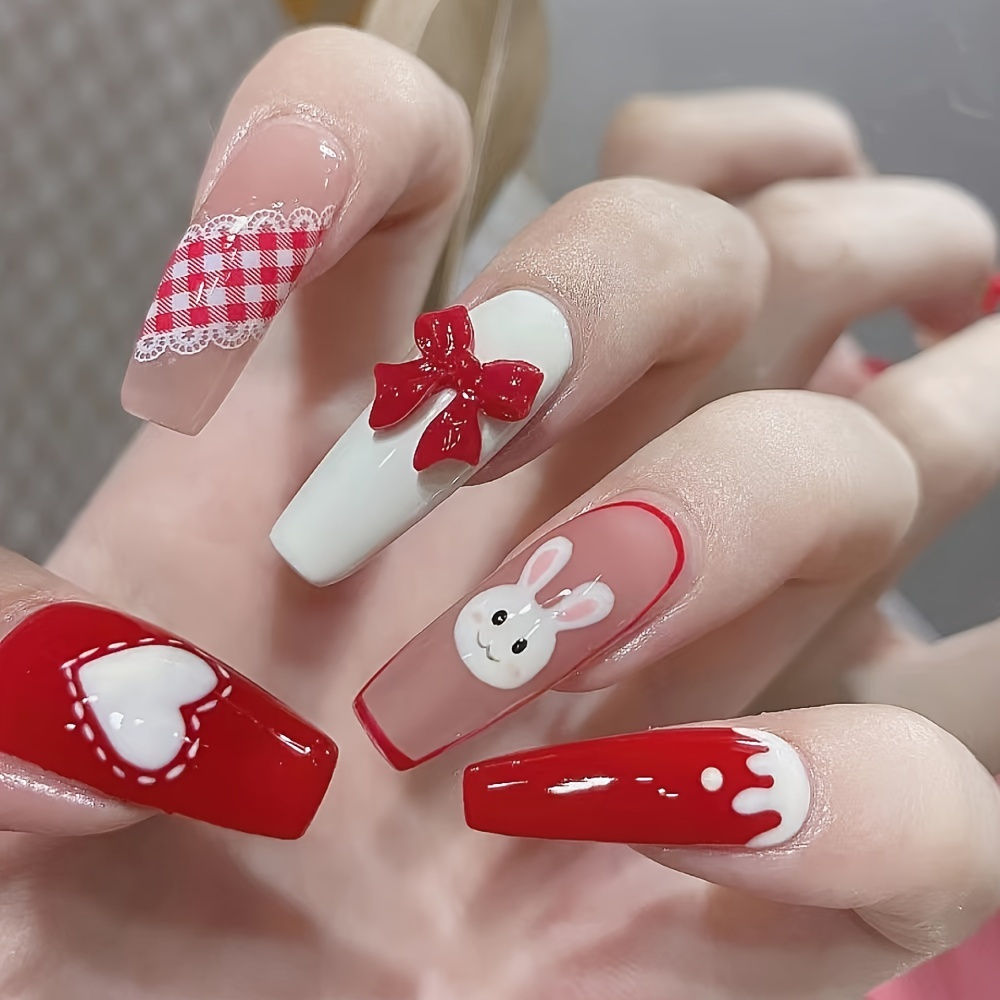 24Pcs/Box Lovely Fake Nails for Rabbit Year Manicure Red Artificial Nail  Pieces Finger Nail DIY Decoration New Year Girl Gifts - AliExpress