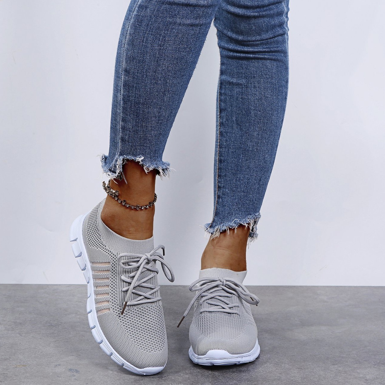 Women's Lightweight Knit Sneakers, Low Top Lace Up Solid Color