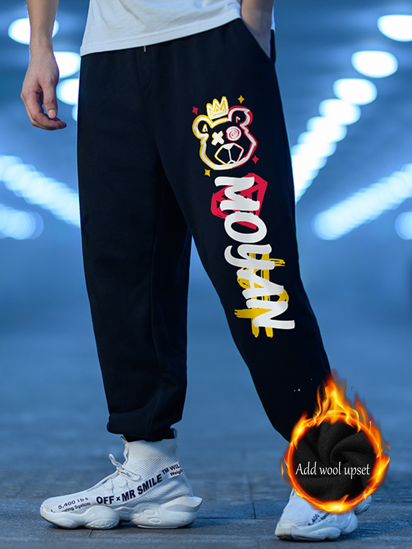 Mens Casual Fleece Sweatpants Cartoon Print Loose Fit Active Jogger Pants  With Drawstring For Winter, 24/7 Customer Service