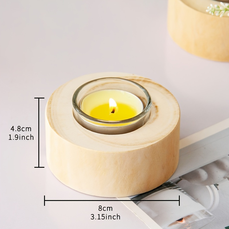 1pc Round Wooden Candle Holder With Glass Cup Small Round Candle Holder 