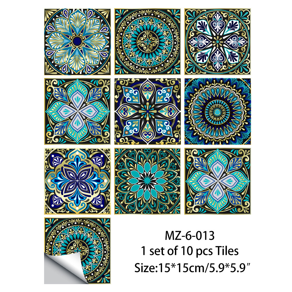 TEMU 10pcs Vintage Mandala Style Tile Stickers - High-quality Waterproof Pvc, Self-adhesive & Removable, Frosted Finish For Kitchen Backsplash, Floor