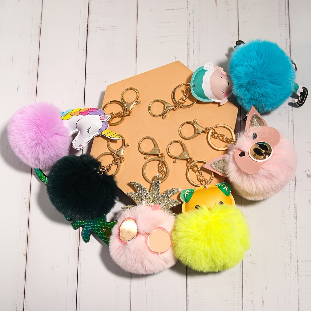 Pom Pom Keychain Leopard Print Key Ring Fluffy Faux Fur Heart Cute Handbag  Accessorie Gift Vintage Fashion